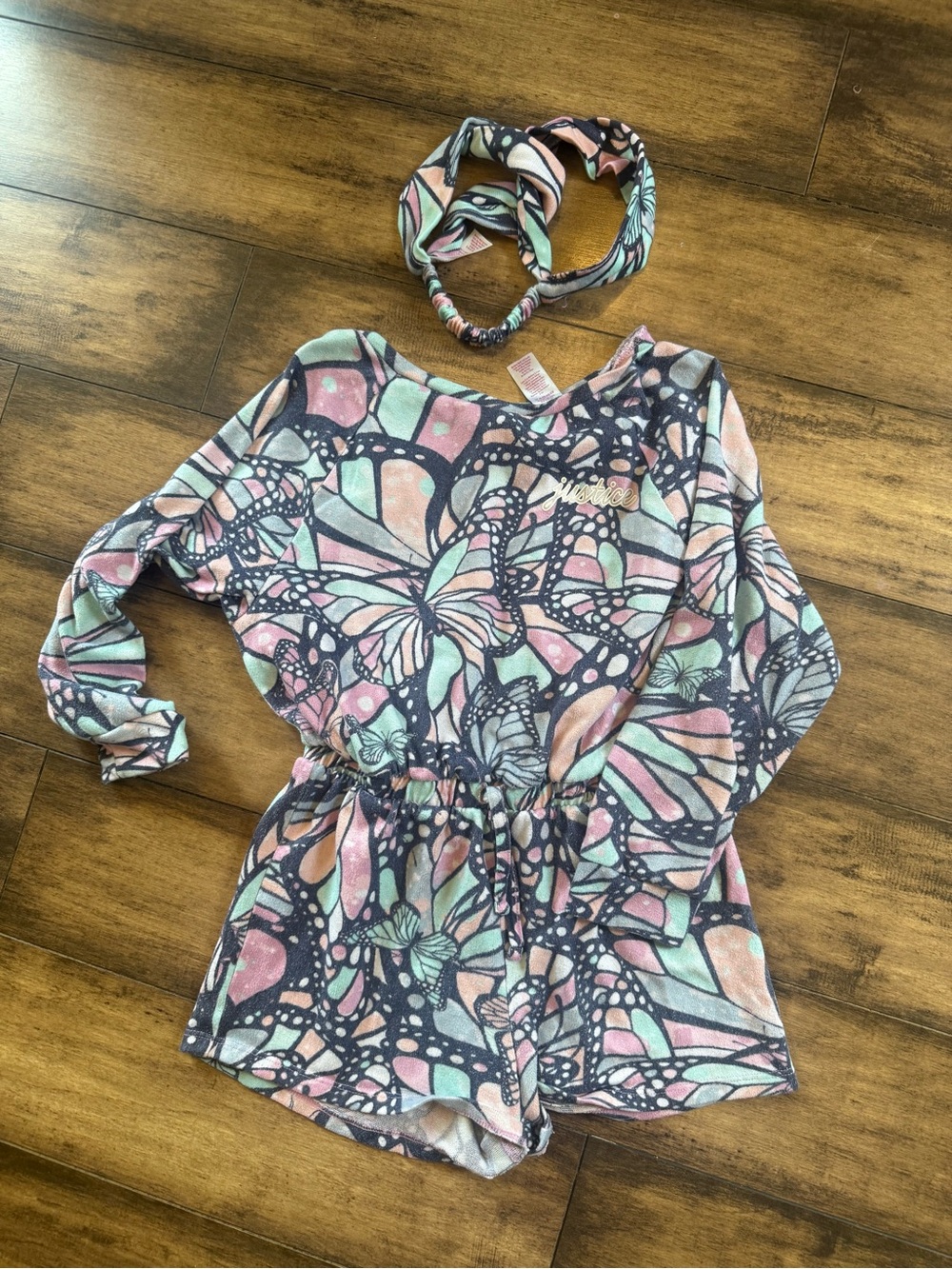 Justice Pastel Butterfly One-Piece PJ Romper with Headband